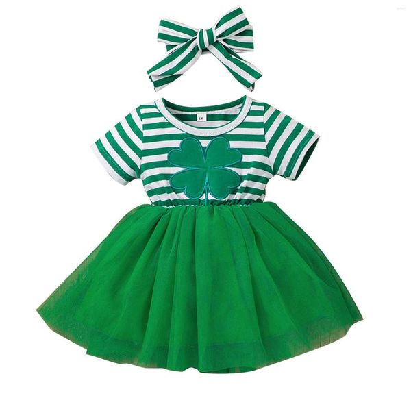 Abiti da ragazza 0-2 anni Neonate Vestito verde Bambino Bambini Stampa a righe Manica corta Tulle Principessa Fascia per abiti Set