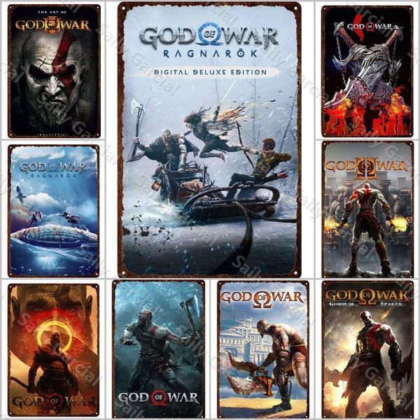 Von God of War Ragnarok inspirierte Metallmalereiplatten, klassisches Spiel, Video, Blechschild, Poster, Pub, Bar, Metallwanddekoration, Blechtafeln, 20 x 30 cm, Woo