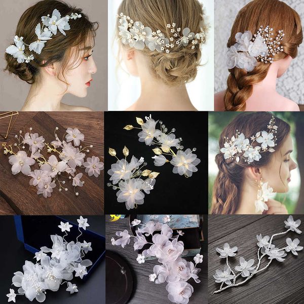 Tiaras Bride Chiffon Silk Flower Hair Clip for Women Brides Wedding Tiara Head Ornaments Cheted Pins Acessórios de cabelo Jóias Z0220