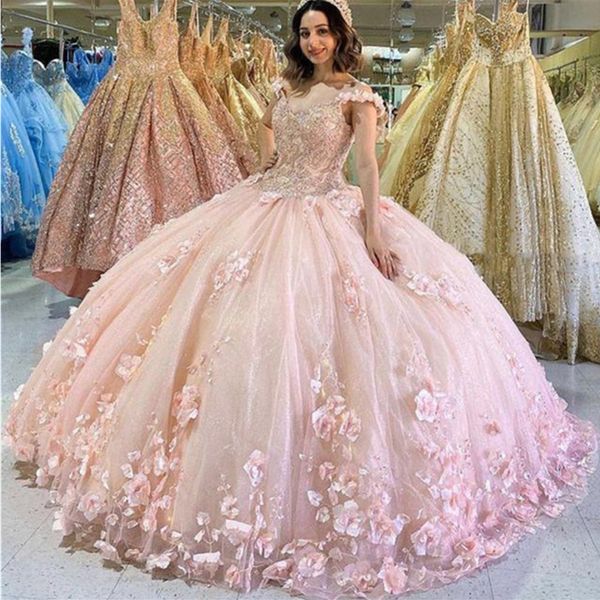 Sweet 16 Abiti Quinceanera rosa con spalle scoperte Abito da ballo per ragazze con applicazioni floreali 3D Abiti da spettacolo Abito da sposa formale