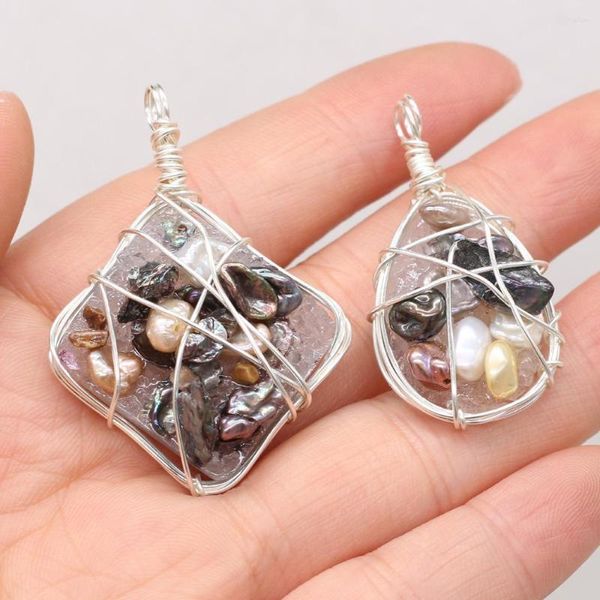 Charms naturais de água doce pérola cultivada Pingente de cobre Winding Quartz para brincos de pulseira de jóias DIY, brincos de pulseira