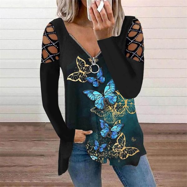 T-shirt da donna 2023 Primavera Autunno Sexy Cerniera Profondo scollo a V Manica lunga Scava Fuori Top da donna Moda Halloween Stampa Ladies Tee