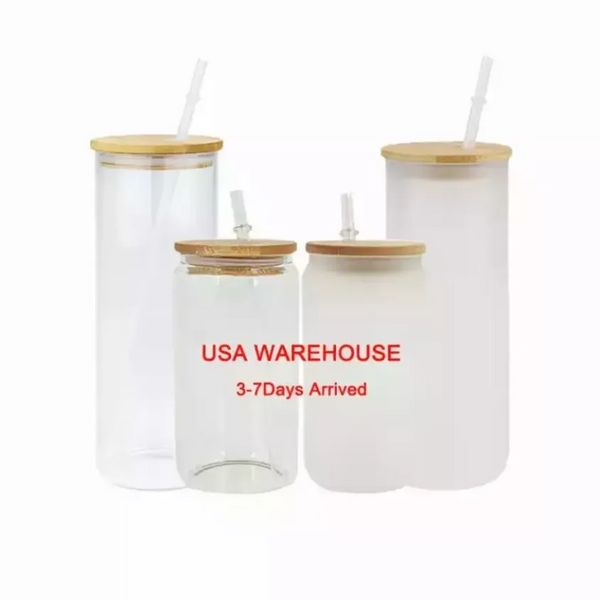 EUA Estoque local de 16 onças de sublimação em branco de vidro com tampa de bambu Cerveja fosca pode borossilicar copos de jarra de pedreiro com palha plástica bb0220
