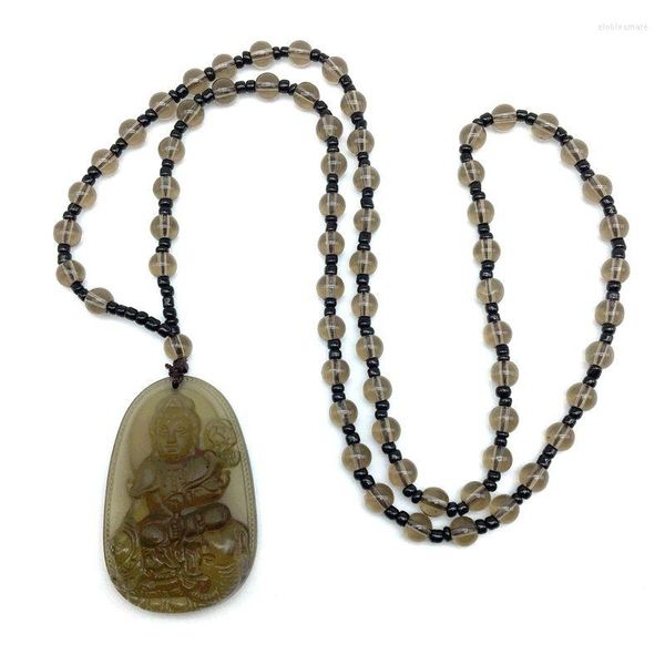 Collane con ciondolo Collana di amuleto Buddha Kuanyin intagliato in vetro di buona qualità per donna Uomo Gioielli di moda 48 32mm