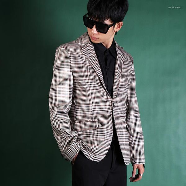 Herrenanzüge Herren Retro Hahnentritt Visuelle Persönlichkeit Flut Koreanischer Männlicher Casual Kleiner Anzug Männer Plaid Slim Blazer Plus Size Jacke