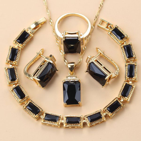 Conjuntos de jóias de casamento conjuntos de jóias de cores de ouro árabe Dubai Traje de casamento de casamento preto Brincos de bracelete de zircônia preta Conjuntos de colar africanos para mulheres 230217