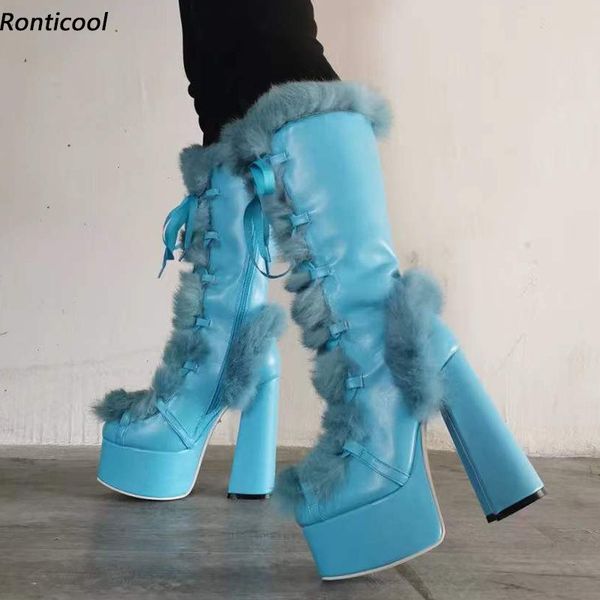 Ronticool Luxury Women Winter Stivali a metà polpaccio Pelliccia sintetica Tacchi spessi Punta tonda Nice Light Blue White Party Shoes Plus Taglia USA 5-15