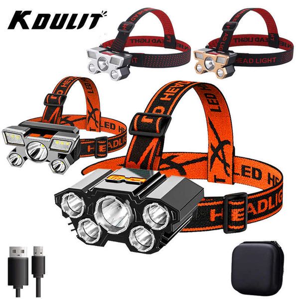 KDULIT USB wiederaufladbar, eingebauter Akku, 5 LEDs, starker Scheinwerfer, superhelle, am Kopf montierte Taschenlampe, Outdoor-Angel-Taschenlampe