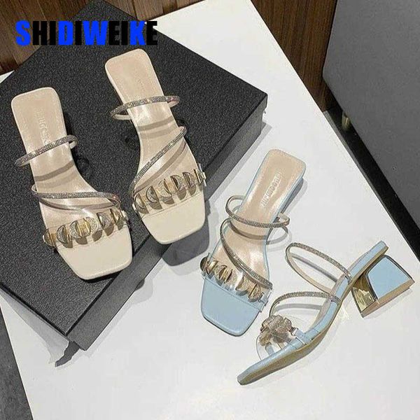 SDWK 6 cm Mode Blau Sommer Sandalen Offene spitze Frauen Sandalen Starke Ferse Flip-Flops Platz Gladiator Schuhe Hausschuhe 0220