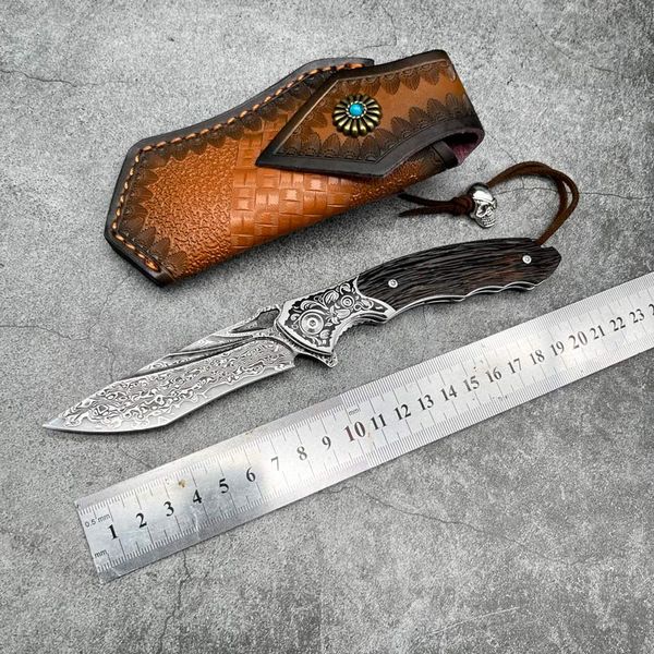 Кованая VG10 Damascus Складное нож частиц дерево деревянной ручки с кожаной оболочкой на открытом воздухе охота на самооборону карманные кемпинг EDC Ножи