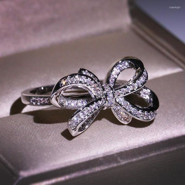 Cluster Ringe 925 Stempel Hohe Qualität Bowknot Niedlich mit weißem Zirkon Stein für Frauen Hochzeit Verlobung Modeschmuck Geschenk