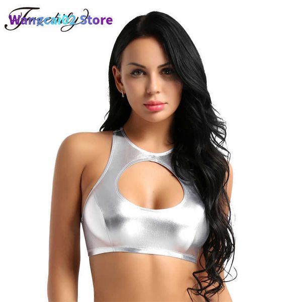 Frauen Tanks Camis Frauen glänzende Kunstleder -Leder -Ärmelkutschstraps Cropped Tank Top Nightclub Party Bühnen Kostüm Sexy Frauen Pole Tanz Rave Kleidung 022023h