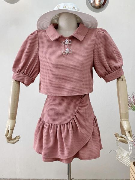 Vestidos de trabalho traje feminino colarinho de colarinho de colarinho curto de puff top top top boxuff mini-saia ternos de duas peças set verão 2023 Roupas femininas