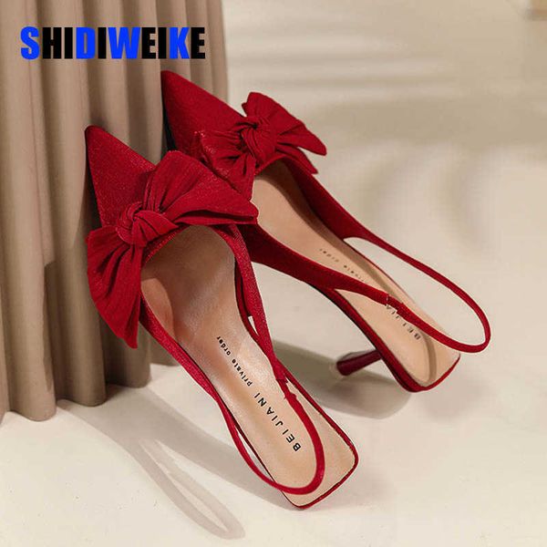 SDWK 7cm Novo Spring Silk Butterfly-Knot Women Pumps Slingback Ponto Ponto do salto baixo Sapatos de senhoras Red Sandals pretos 0220