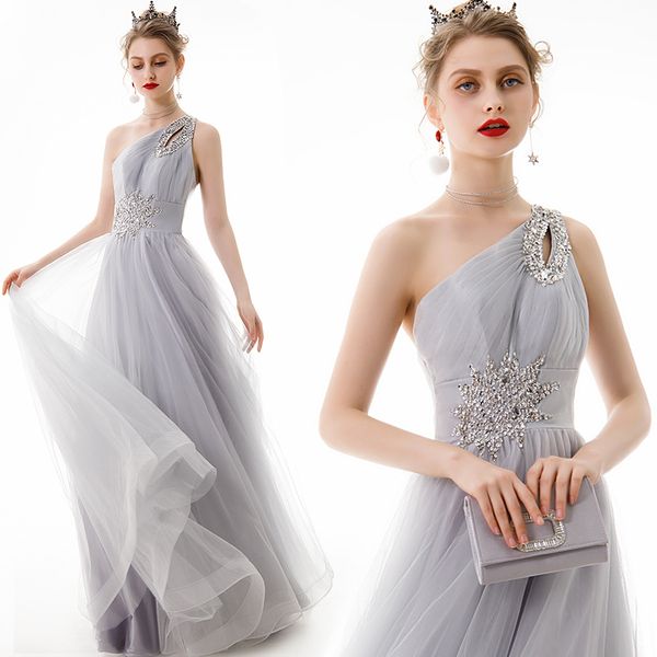 Elegante argento abito da sera formale senza maniche una spalla perline paillettes tulle abiti da ballo di promenade una linea robe de soiree 2023 nuovo