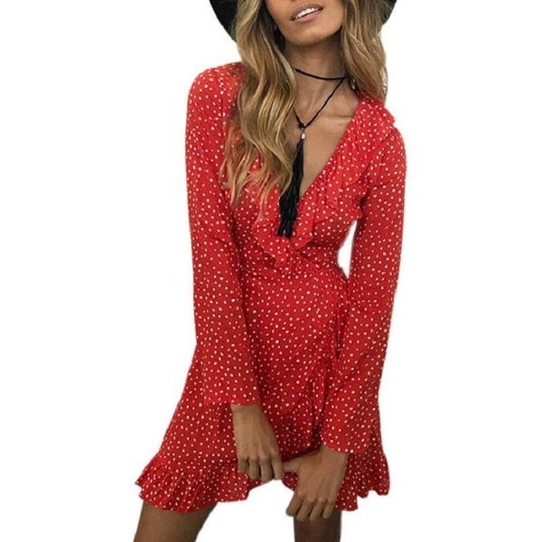 Casual Dresses Sexy Rüschen Polkadot Print Sommerkleid Vintage Langarm Unregelmäßige Kurze Robe Frauen Chic Chiffon Schwarz Rot Blau Strandkleid