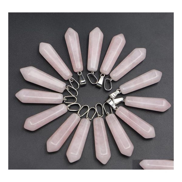 Charms Natural Rose Quartz Stone Hexagonal Prism Pillar Point Chakra Pingents for Jewelry Making FFShop2001 Drop Delivering Acalhos C Dhqnd