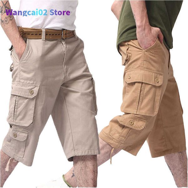 Herren-Shorts, Herren-Shorts, lange Länge, Cargohose, Sommer, lässig, Baumwolle, Baggy, mit mehreren Taschen, verkürzte Hose, Hip Hop, heiße Reithose, Militär, Armee, 022023H