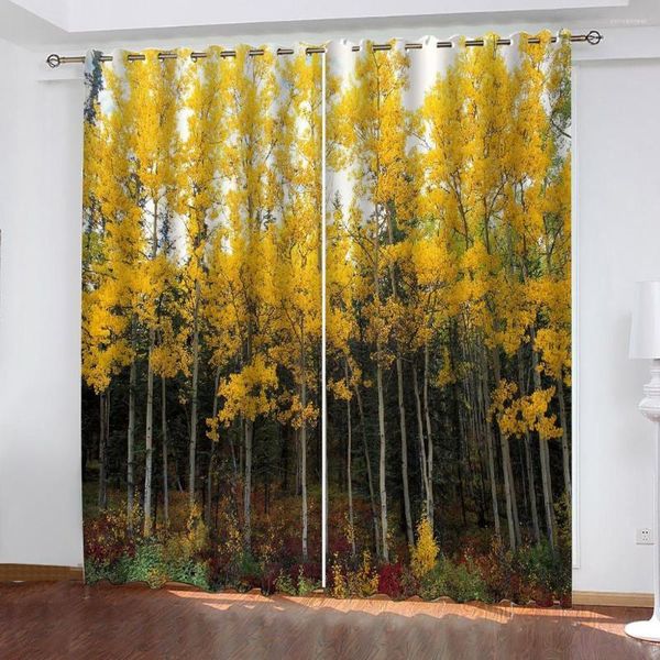Vorhang Dekoration 3D Kurze Wald Golden Gelbe Blätter Vorhänge Für Schlafzimmer Wohnzimmer Polyester