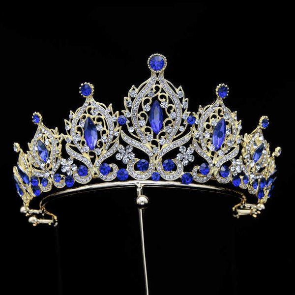 Diademi Diademi di cristallo blu da sposa Corona di metallo dorato Decorazione Corone Gioielli da sposa Diademi Z0220