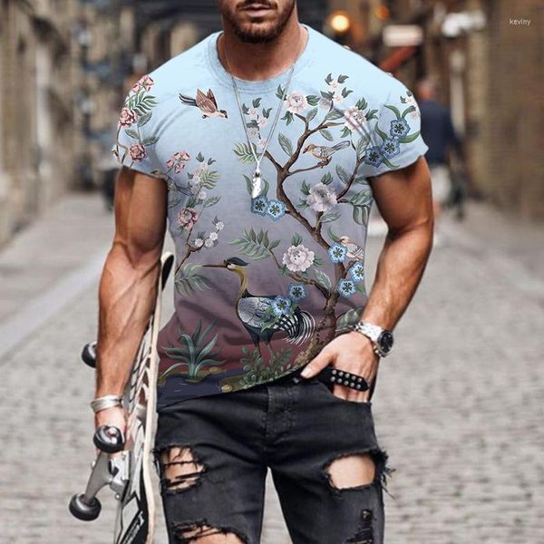 Erkek Tişörtleri 2023 Çiçek Kuş ve Bitki İllüstrasyon T-Shirt Komik Yaz Moda Tshirt 3d Gömlek Erkek Giyim Üstleri Tees