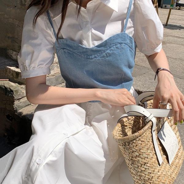 Vestidos de trabalho, senhoras, colete de jeans de renda coreano e pura saia longa de camisa longa faculdade de moda de moda de 18 a 35 anos de idade