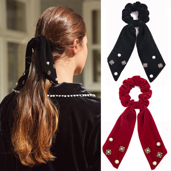 Scrunchies coreano in velluto Streamer Elegante nappa Bowknot Cravatte per capelli con perle Fasce elastiche per capelli da donna Accessori per capelli natalizi