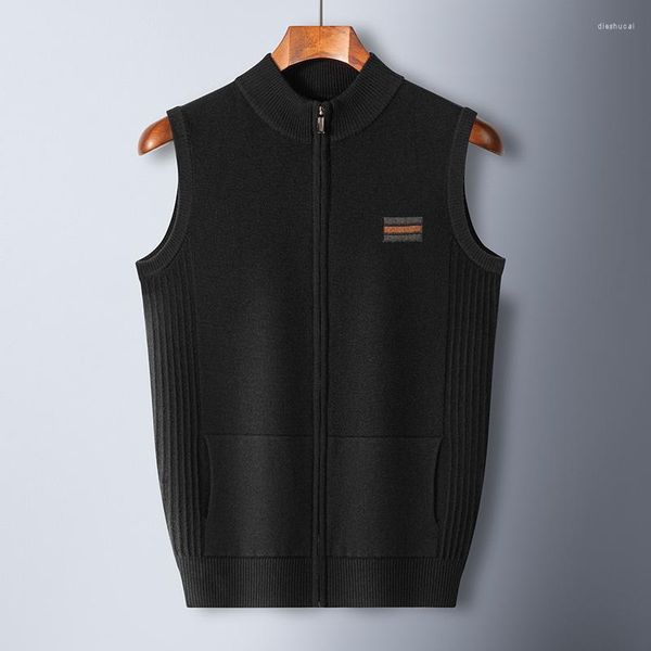 Gilet da uomo in lana tinta unita girocollo in puro colletto con cerniera gilet cardigan per giovani e di mezza età gilet tascabile autunno inverno lavorato a maglia