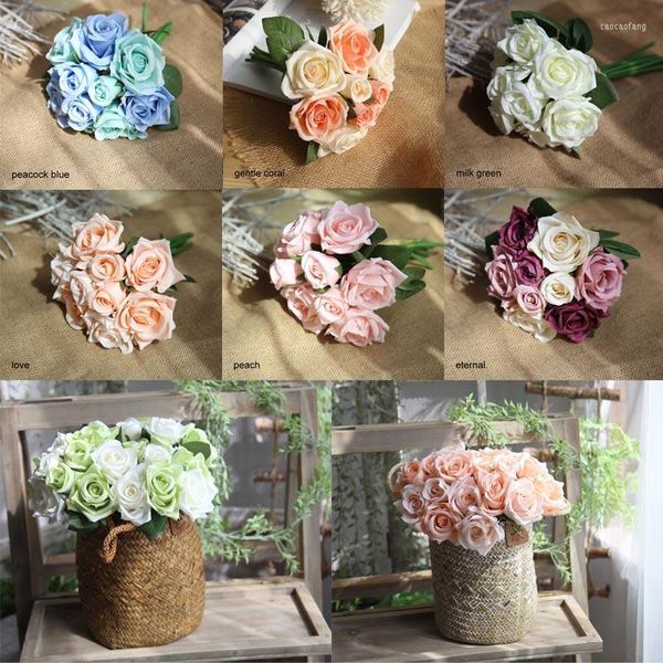 Fiori decorativi Fiore di rosa artificiale Bouquet da sposa Matrimonio Abbastanza affascinante 9 teste Rose di seta fai da te Mini decorazioni per la casa