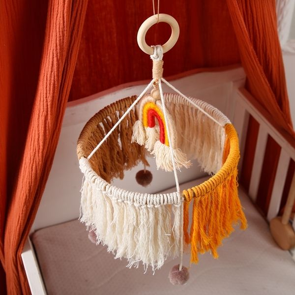 Sonagli Cellulari Lettino in legno per bambini Campana Staffa per lettino Set di montaggio Macrame Arcobaleno Mobile giocattolo da appendere per carrello Accessori 230220