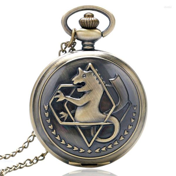 Relógios de bolso legal Bronze Smooth Bronze Fullmetal Alchemist Tema Quartz Watch With Nekclace Chain for Children Boys Gift