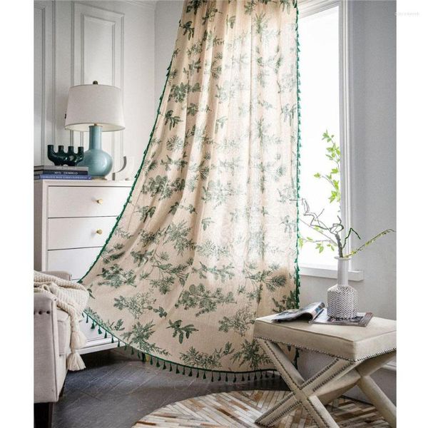 Cortina de linho de algodão Tassel Planta estampada estilo country Janela pendurada cortinas de blackout para sala de estar Easy Drape