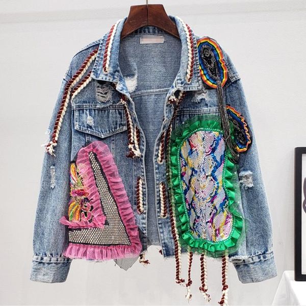 Giacche da donna Primavera Autunno Giubbotto bomber in denim con toppe da donna Personalità femminile Brevi diamanti Tassel Jean Coat Jaqueta