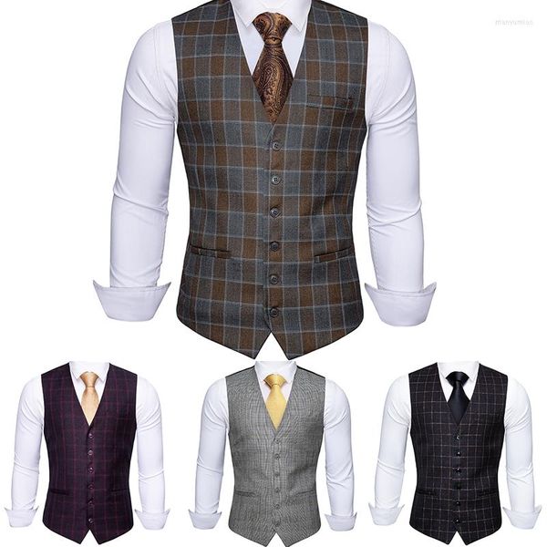 Herrenwesten 5 Farben Plaid-Stil Anzug Weste für Männer Krawatte Set Slim Fit V-Ausschnitt Kragenlose männliche Weste Gilet Casual Business Barry.Wang