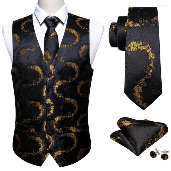 Gilet da uomo 4PC Gilet di seta floreale oro Gilet da uomo Abito slim Cravatta nera Fazzoletto Gemelli Cravatta Barry.Wang Business