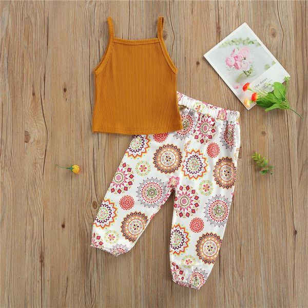 Наборы одежды 2-6t 2pcs Kids Summer Trade Clesuit Solid Color Spaghetti Braps Vest Floral/Leopard Print Casual Pants для девочек