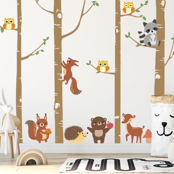 Wanddekoration Wald Kinderzimmer Aufkleber Birken Waldtiere Hirsch Waschbär Eule Vinyl Aufkleber Neutral Junge Mädchen Babyzimmer 230220