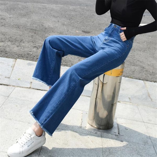 Jeans da donna con taglio a stivale per donna Pantaloni in denim con nappa elastica a vita alta Pantaloni larghi dritti lunghi Femme Fidanzato femminile