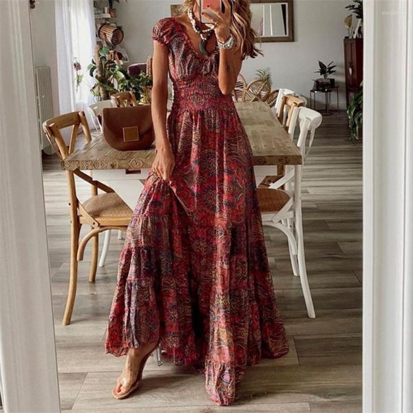 Parti Elbiseleri Vintage Kadın Bohem Elbise Çingene Nedensel V Boyun Kayışları Kadın Boho Stil Kısa Kollu Uzun Plaj Vestidos