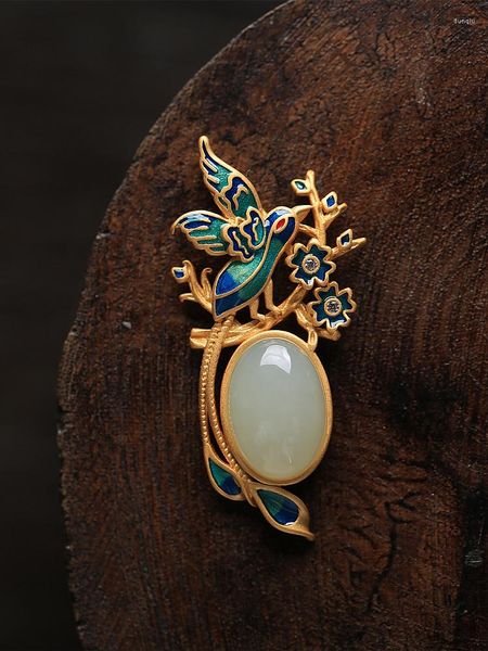 Colares pendentes originais Fink Top Branch Sterling prata antiga incrustada de ouro hetiano jade esmalte chinês colar de suéter chinês para mulheres