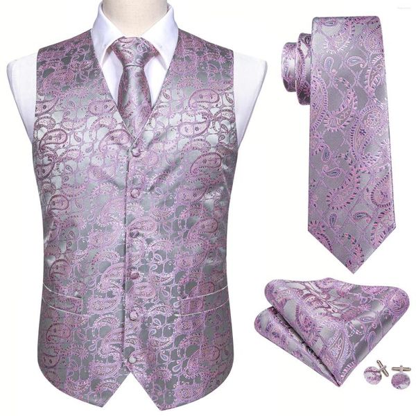 Herrenwesten Rosa Seidenweste Weste Männer Slim Anzug Schwarz Paisley Krawatte Set Taschentuch Manschettenknöpfe Krawatte Business Barry.Wang Design