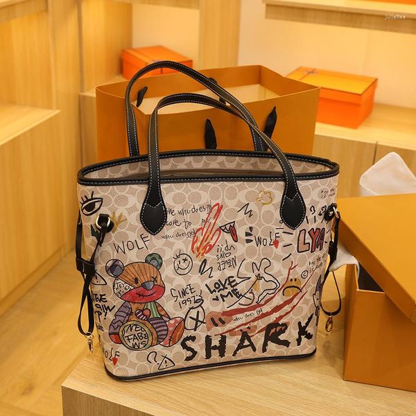 Abendtaschen 2023 Mode Schultertasche Tasche Eimer Graffiti Bär Muster Luxus Designer Handtasche Große Kapazität Shopping Damen