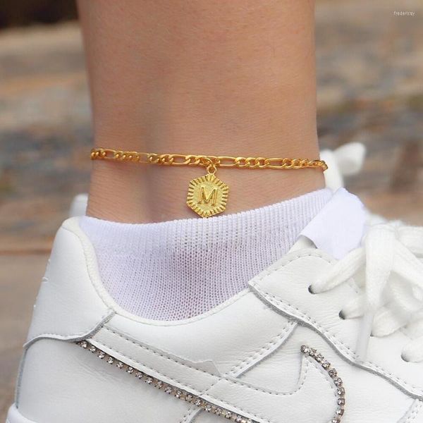 Tornozeleiras A-Z Letter Anklet Hexágon Inicial do tornozelo Bracelet Gold Gold Chain Foot Jewelry Perguas Homens Tornozeleira feminina Presente
