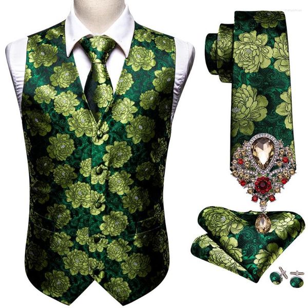 Мужские жилеты 5pcs Мужской шелковый костюм Ve-образный выстрел зеленый цветочный жилет бруши устанавливают повседневную формальную куртку жениха мужская свадьба Barry.Wang
