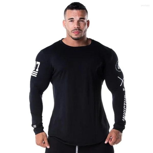 Männer T-shirts Männer Dünne Lange Hülse Frühling 2023 Lässige Mode Druck T-Shirt Männliche Turnhallen Fitness Schwarz T-shirt Tops kleidung