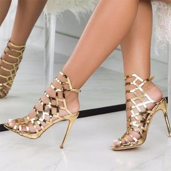 Kleiderschuhe sexy Frauenausschnitte Pumps Sandalen fashionspunkte Zeh Zipper Gladiator High Heel Casual Party Gold Ladies Stilettos Shose