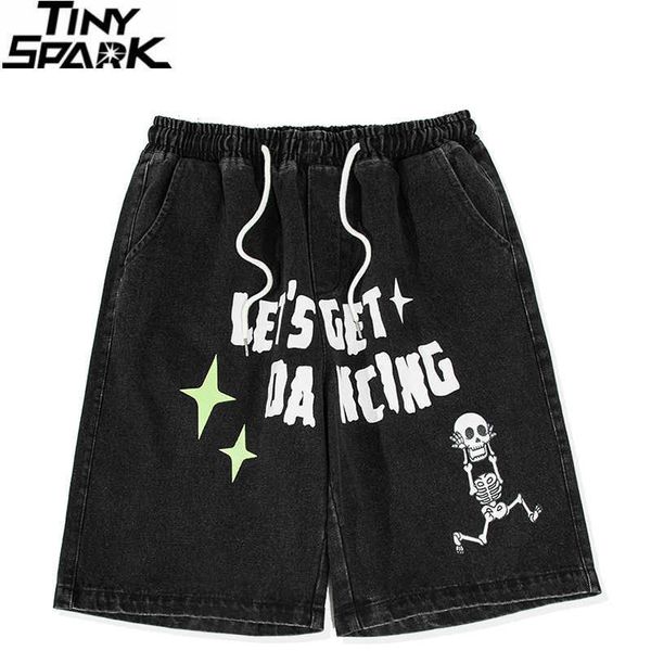 Shorts masculinos Jeans de rua de rua masculino Skull Skull Sklelic Denim Short 2023 Harajuku Black Denim Cargo Shorts Cotton J230218