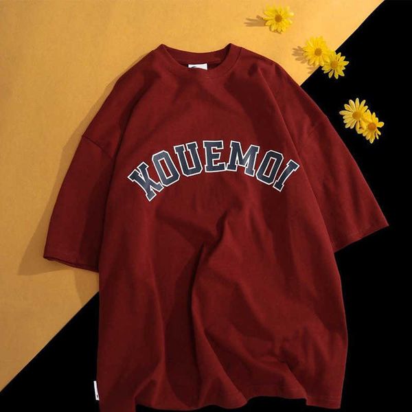 Мужские футболки Gmiixder Vintage Letter Shortsleaved рубашка американская Pubpy Burgundy Tshirt Men High Street Универсальный свободный в гонконгском стиле Top Z0220