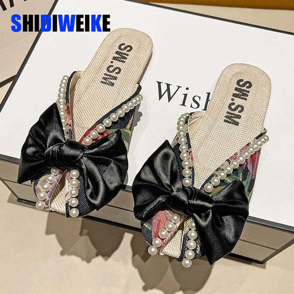 SDWK Peep-Toe Floral Half Flat Slippers Женские открытые летние новые модные жемчужные лук мягкое дно одна нога сандалии женщин AD3423 0220