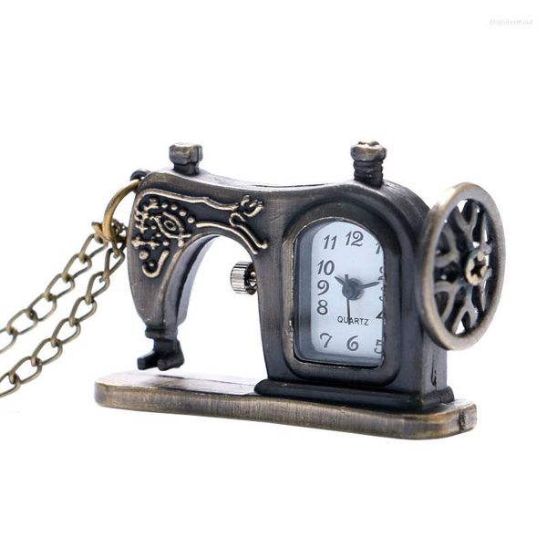 Relógios de bolso Retro Bronze Sewing Machine Tema Quartz Design Cool Design FOB Chain de colar de pingente para mulheres Presente